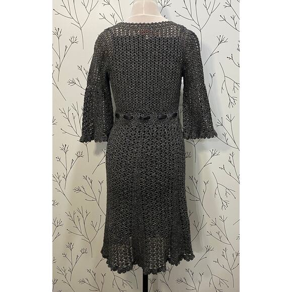 CYNTHIA STEFFE Gray Crocheted Knit Fit & Flare Dress w/slip MEDIUM Bell Sleeves - Picture 5 of 7